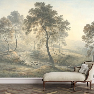 Sunny day in the hills Vintage landscape wallpaper Removable peel-and-stick Scenic painting mural, Village, trees Countryside decor wall art
