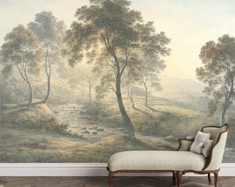 Sunny day in the hills Vintage landscape wallpaper Removable peel-and-stick Scenic painting mural, Village, trees Countryside decor wall art