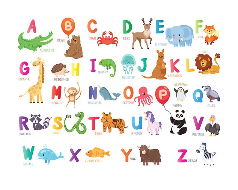 Animal alphabet print PRINTABLE ABC chart Kids wall art Safari | Etsy