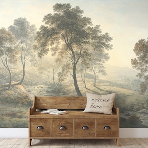 Sunny day in the hills Vintage landscape wallpaper Removable peel-and-stick Scenic painting mural, Village, trees Countryside decor wall art image 6