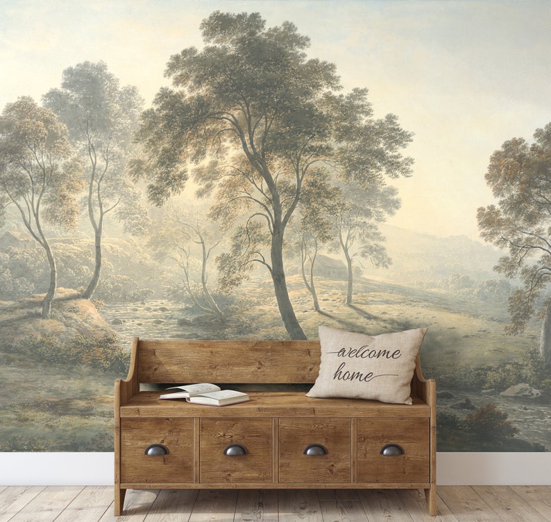 Sunny day in the hills Vintage landscape wallpaper Removable peel-and-stick Scenic painting mural, Village, trees Countryside decor wall art image 6