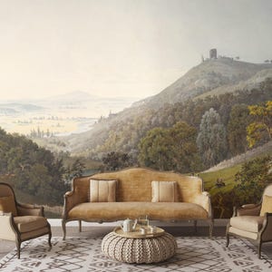 Vintage landscape wall mural Removable Peel and Stick Scenic oil painting wallpaper rural countryside nature decor Village, Hills, Trees