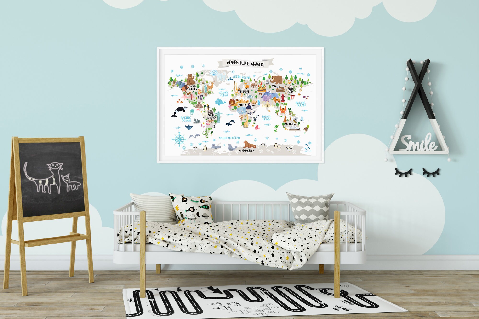 Kids World Map Poster Animal World Map Playroom Wall Decor Kids Room ...