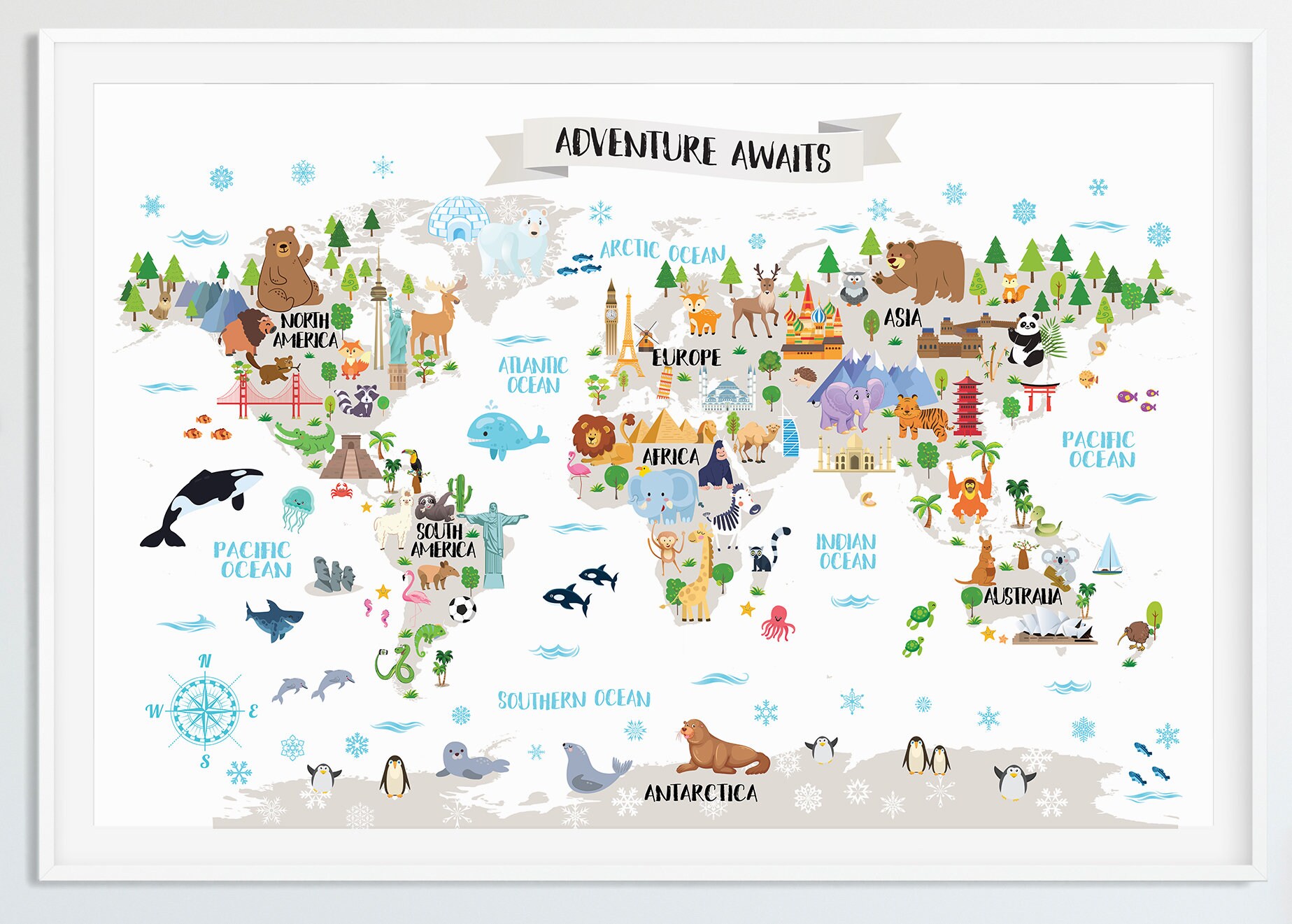 Kids world map poster Animal world map Playroom wall decor | Etsy