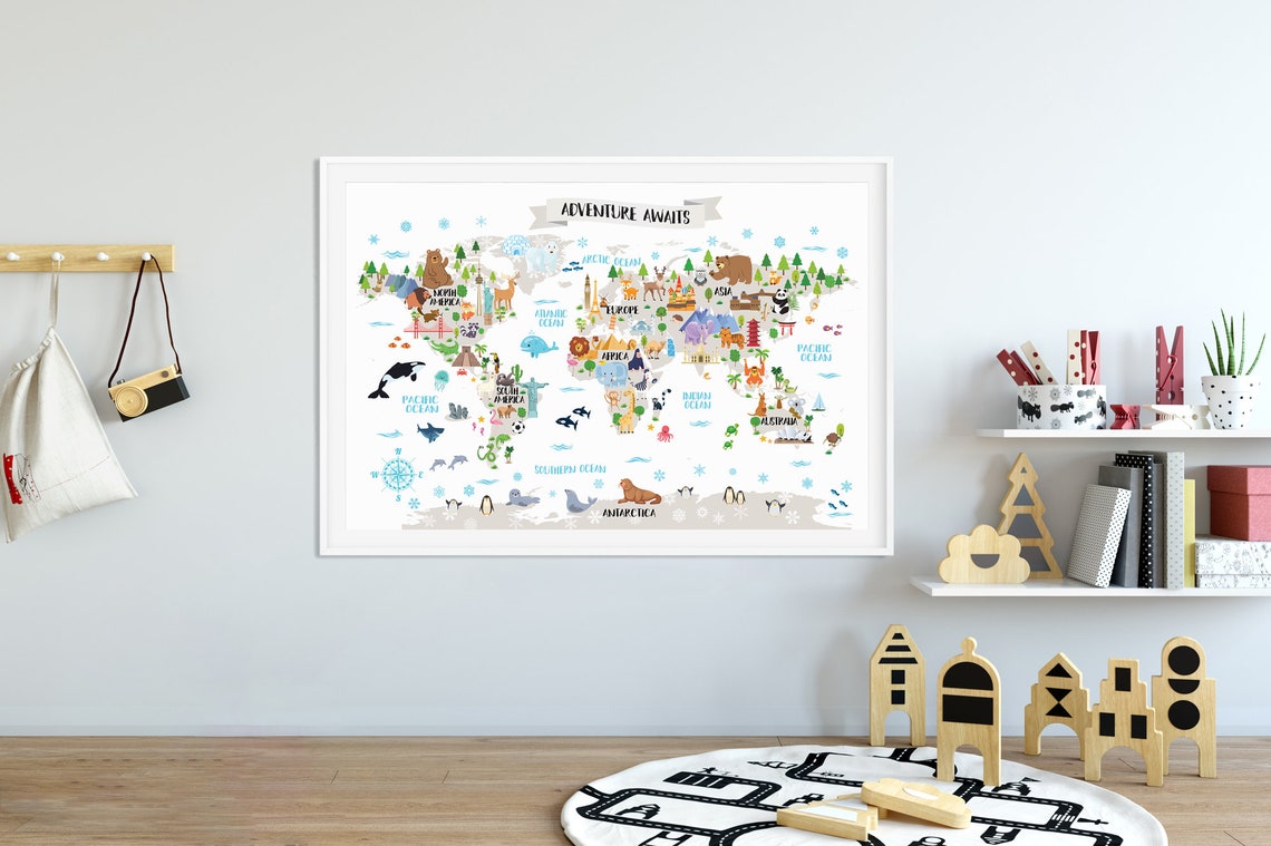 Kids world map poster Animal world map Playroom wall decor | Etsy