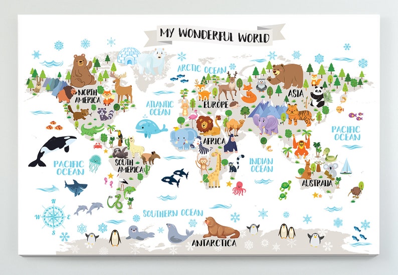 printable nursery animal world map for kids room decor animal etsy
