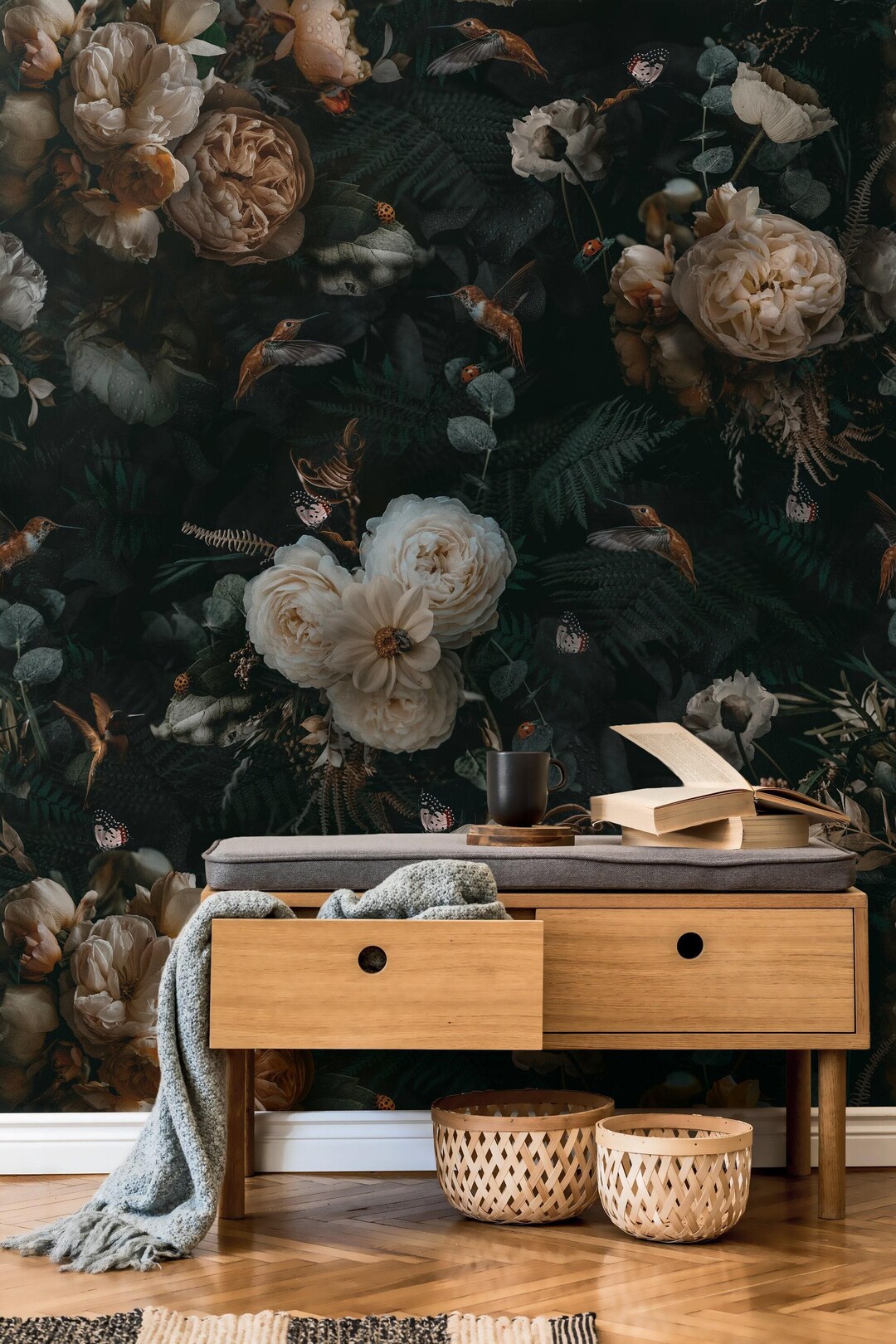 Dark Floral Wallpaper Botanical Vintage Flowers Wall Mural Peel and ...