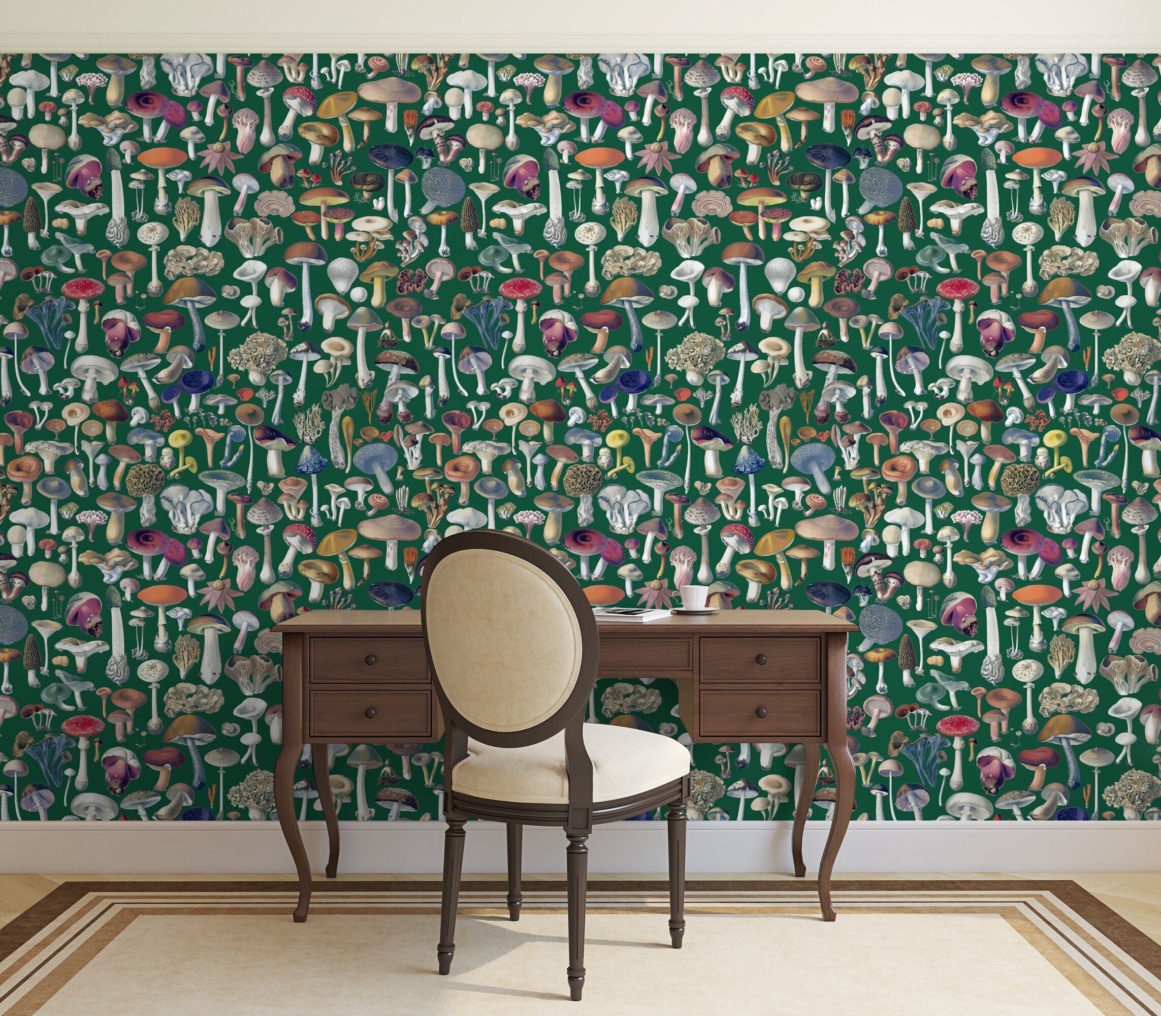 Mushroom Wallpaper Peel-and-stick Dark Green Botanical Retro - Etsy