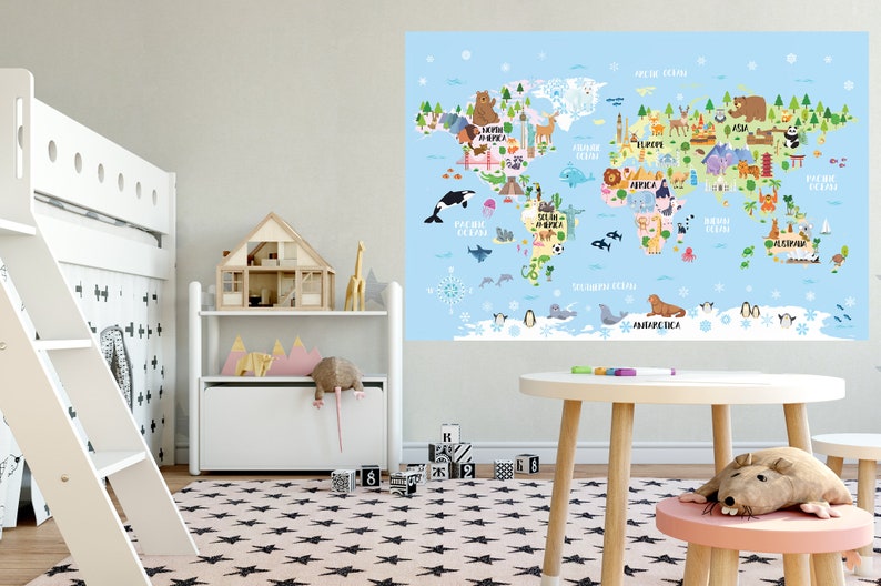 Animal world map wallpaper Kids room decor Playroom map wall art Kid world map mural Nursery world map decal Peel n stick Baby shower gift image 3