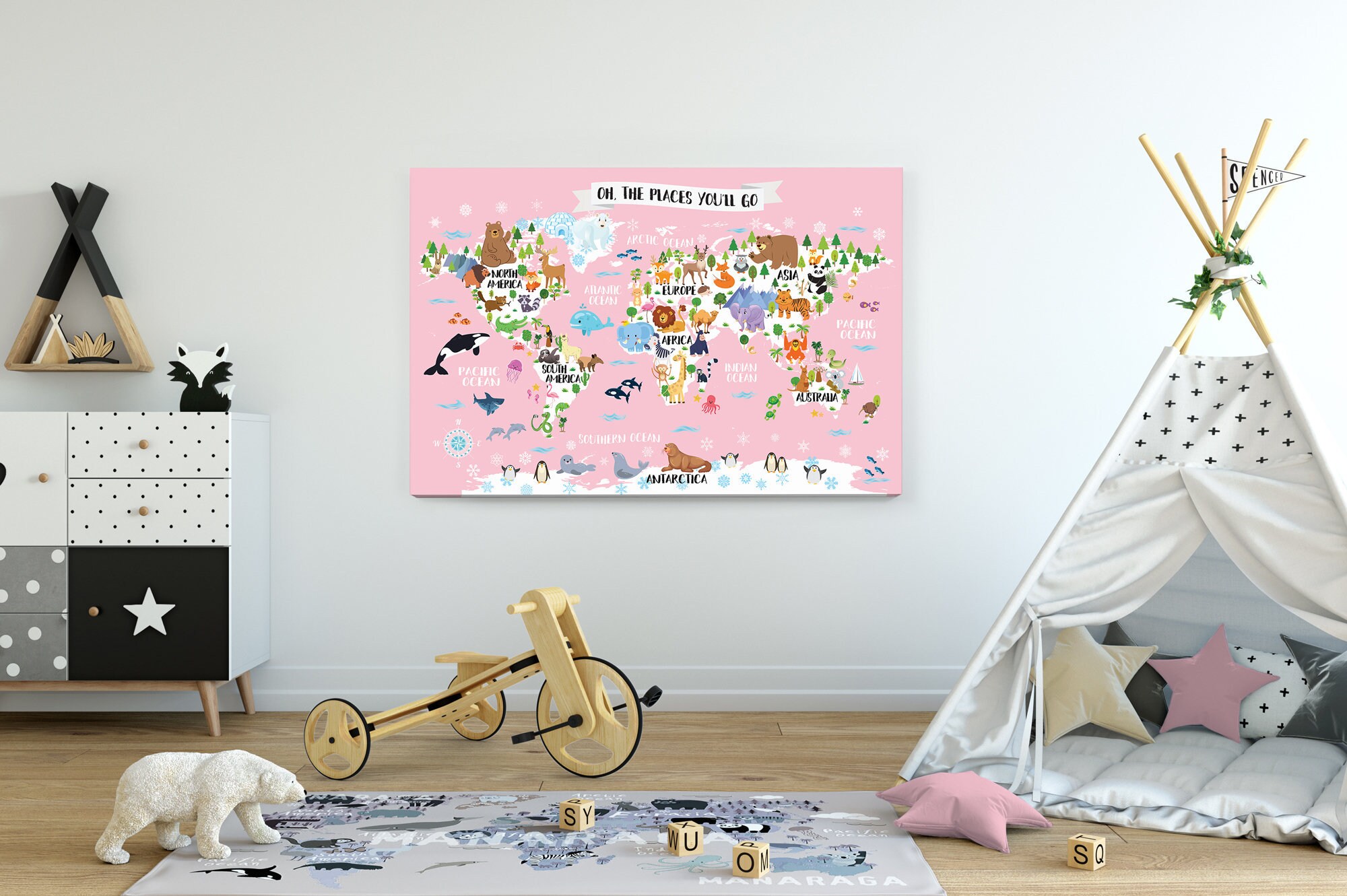 Animals World Map Canvas Print Kids Children/'s Bedroom Nursery Wall Art Picture