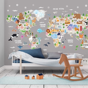 Kids world map wallpaper Animal nursery world map wall decal Removable Gray Peel stick Kids room decor Playroom wall art Baby room Safari image 3