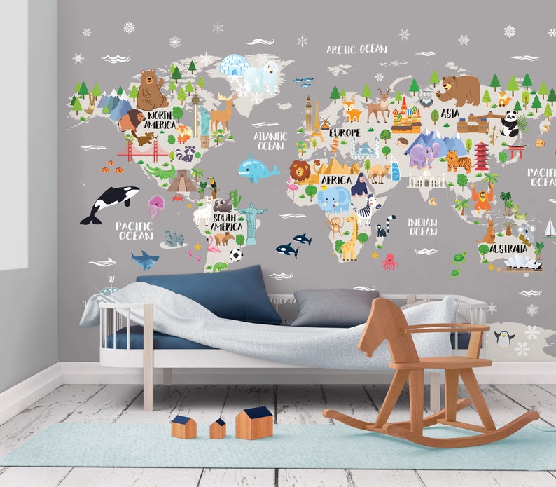 Kids world map wallpaper Animal nursery world map wall decal Removable Gray Peel stick Kids room decor Playroom wall art Baby room Safari image 3