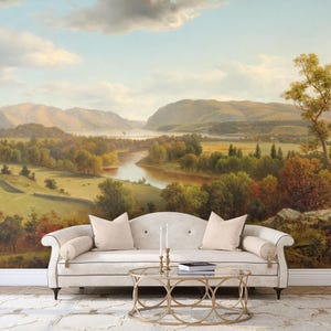 Landscape mural wallpaper Vintage Countryside Removable peel-and-stick Scenic painting mural, Village, trees river decor wall art