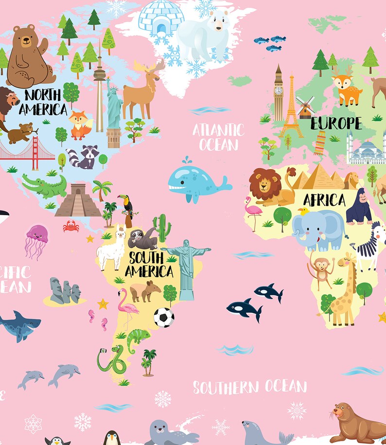 Kids World Map Poster Pink World Map Print Animal Nursery Etsy