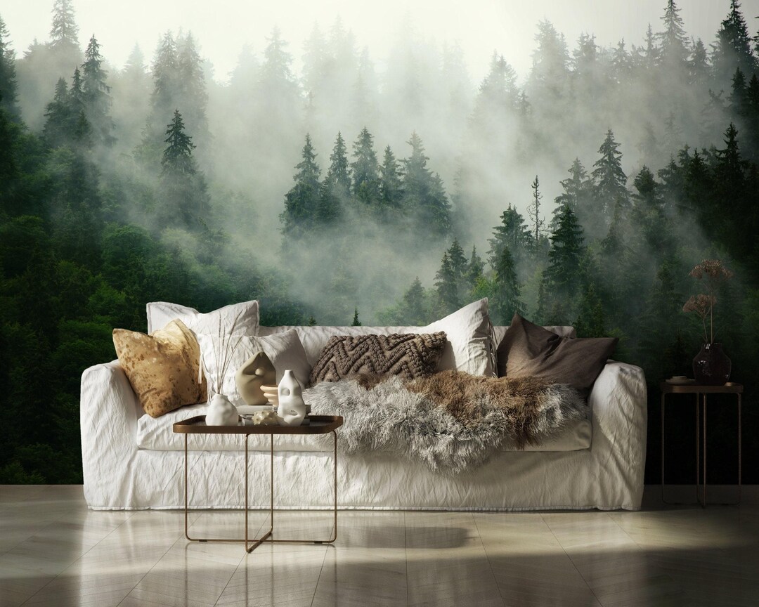 Foggy Forest Wall Mural Peel and Stick Traditional Wallpaper Misty Pine ...
