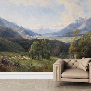 Mountain valley Landscape mural wallpaper Peel and stick rural Oil painting scenic Removable vintage wall mural