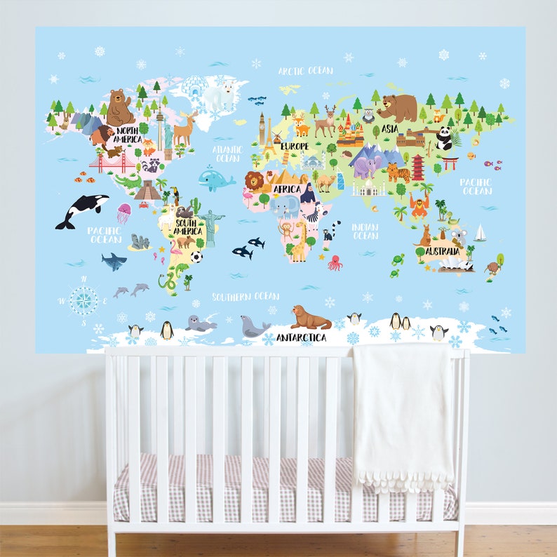 Animal world map wallpaper Kids room decor Playroom map wall art Kid world map mural Nursery world map decal Peel n stick Baby shower gift image 4