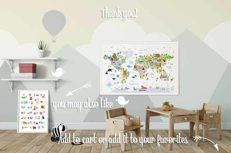 World map print Kids poster World map landmarks Animal nursery print Playroom wall art Kids room decor Children wall art Gift boys and girls image 8