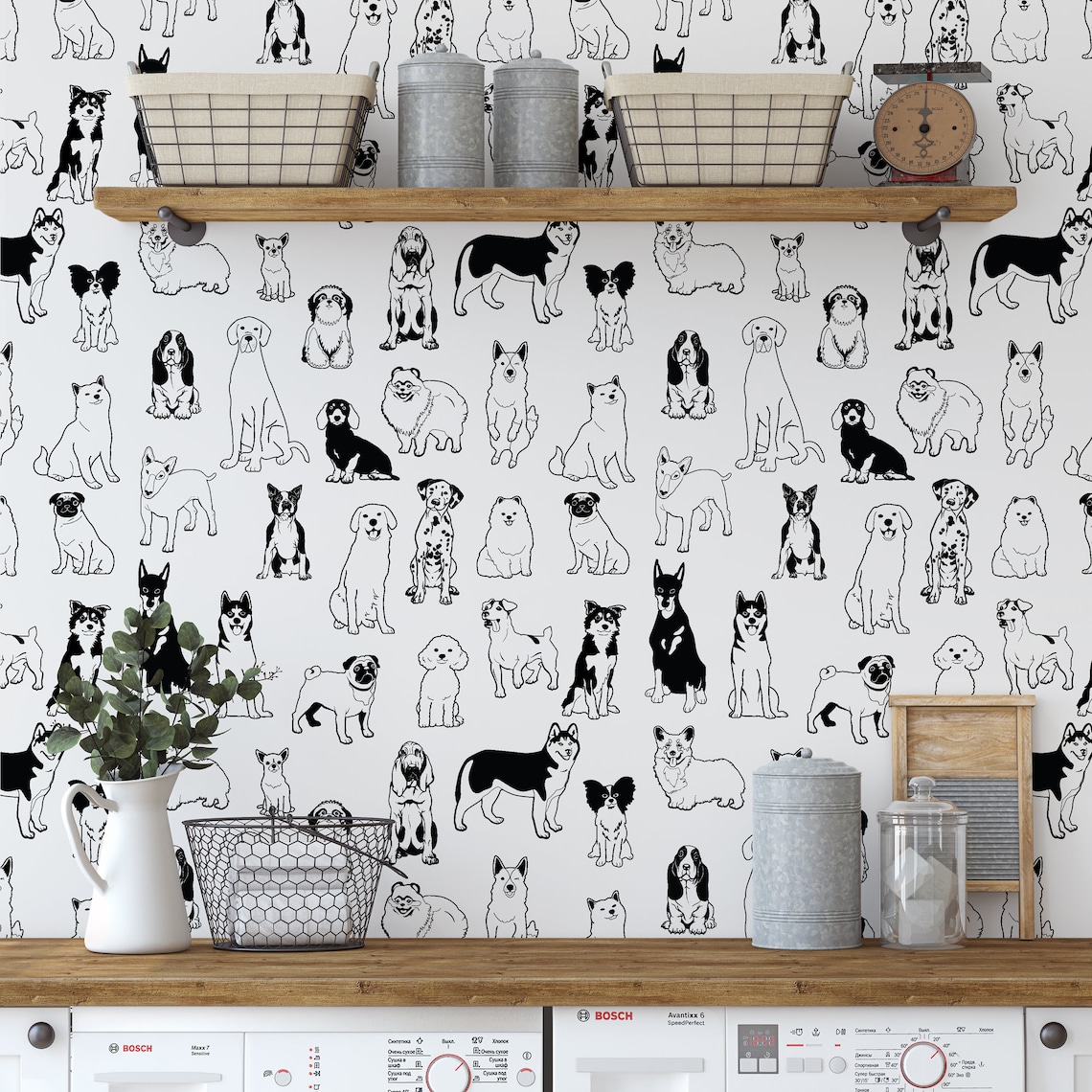 Dogs wallpaper peel stick temporary adhesive black and white | Etsy