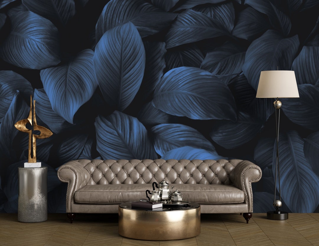 Dark Blue Wallpaper Tropical Leaves Wall Mural Peel