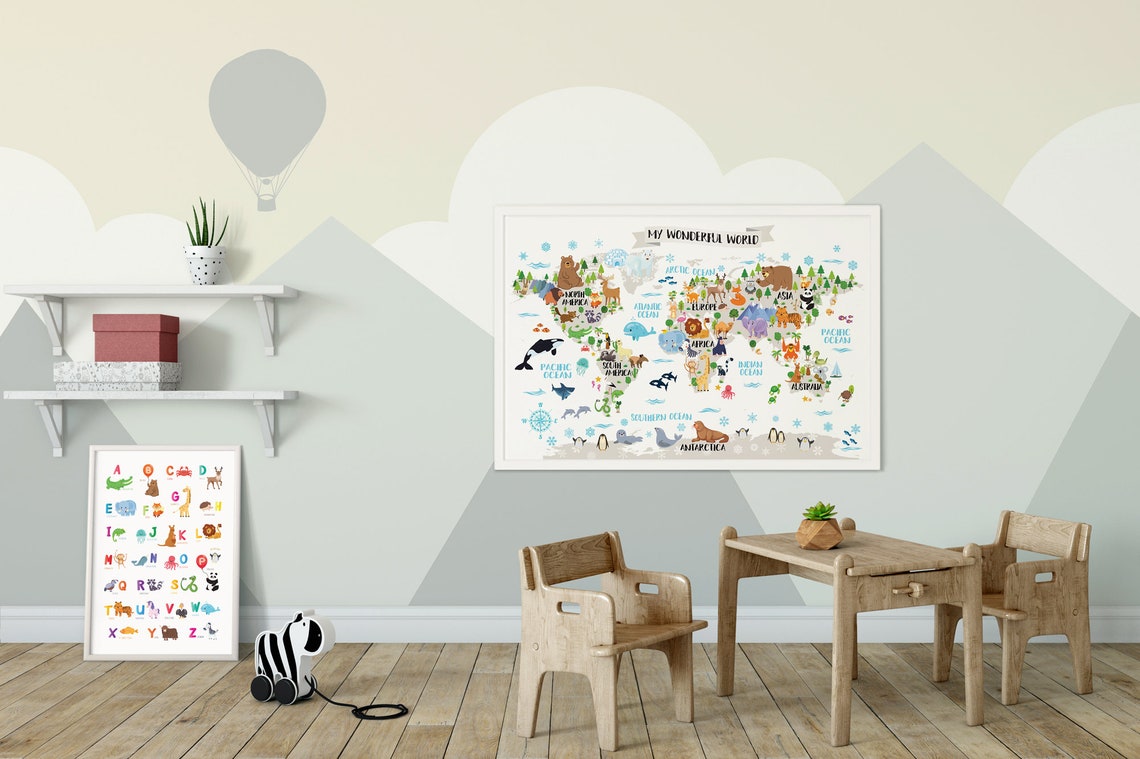 Printable Nursery Animal world map for Kids room decor Animal Etsy