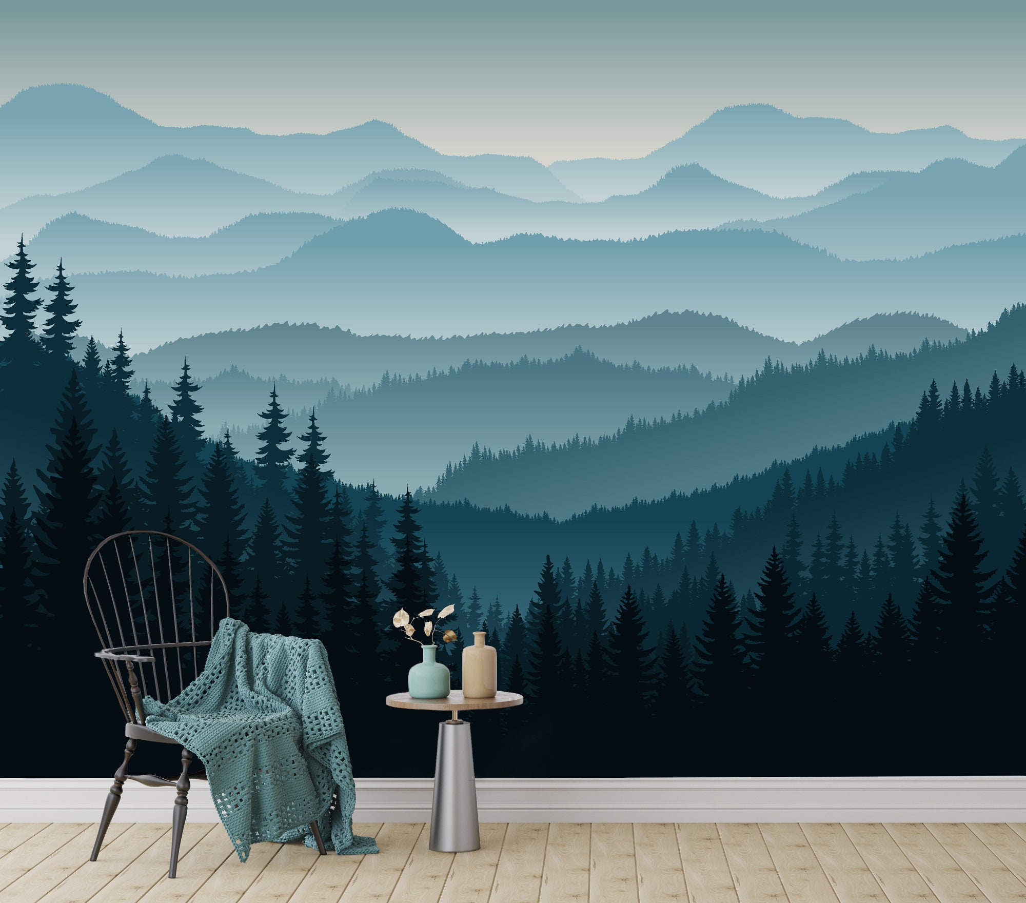 Blue mountain ombre wallpaper Removable wall mural Woodland Etsy
