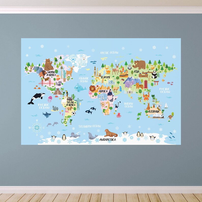 Animal world map wallpaper Kids room decor Playroom map wall art Kid world map mural Nursery world map decal Peel n stick Baby shower gift image 6