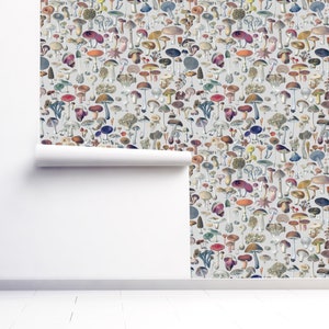 Mushroom Wallpaper Peel-and-stick Gray Botanical Retro Fungi Mushroom