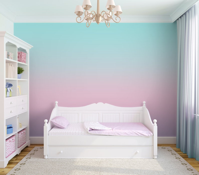 Ombre wallpaper removable Peel and stick gradient wall mural for girls room pastel nursery purple, blush pink teal ocean sunset, teen room image 2