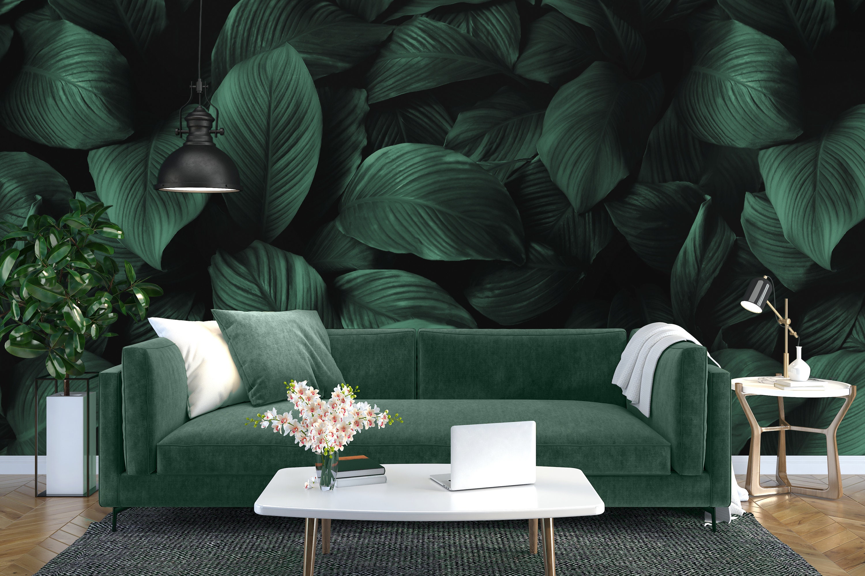 Moody Green Leaves Wallpaper Tropical Wall Mural Peel and - Etsy