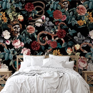 Skull and snakes dark floral wallpaper Peel and Stick removable Gothic art wall mural Vintage Flowers roses botanical black accent wallpaper image 4