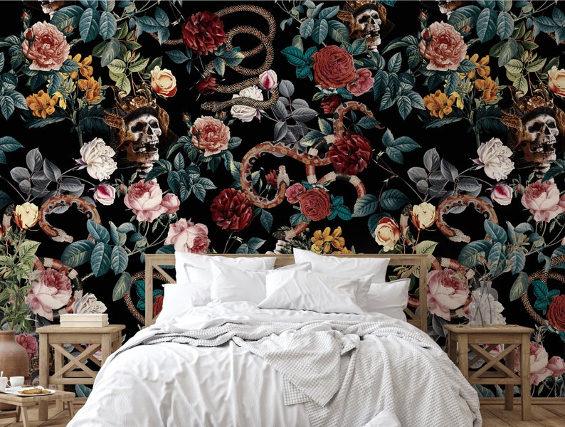 Skull and snakes dark floral wallpaper Peel and Stick removable Gothic art wall mural Vintage Flowers roses botanical black accent wallpaper image 4