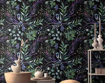 Dark botanical wallpaper Peel and Stick removable eucalyptus fern herbs watercolor floral Vintage Greenery wallpaper