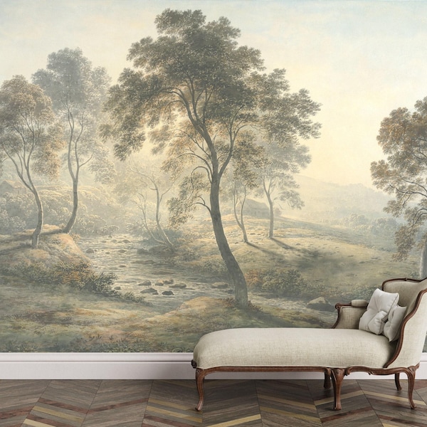 Papel pintado mural de paisaje vintage Mural de pared escénico Papel pintado autoadhesivo Papel pintado tradicional Arte mural de paisajes naturales Decoración de campo