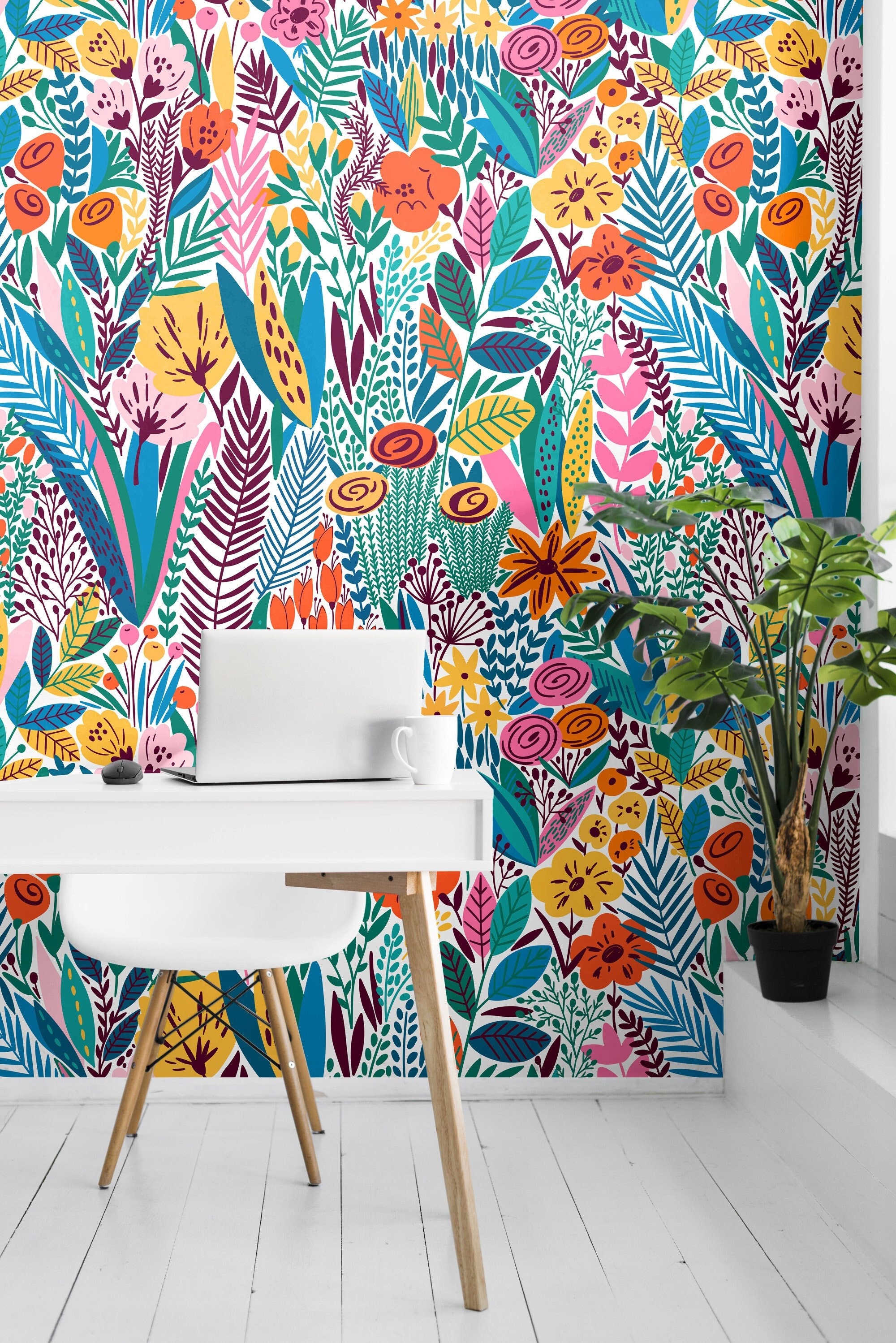 Colorful Floral Wallpaper Removable Peel-and-stick pic image