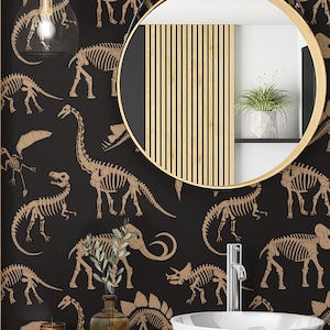 Carta da parati con dinosauri, carta da parati nera e beige, decorazioni per camerette per bambini, carta da parati scura per camerette