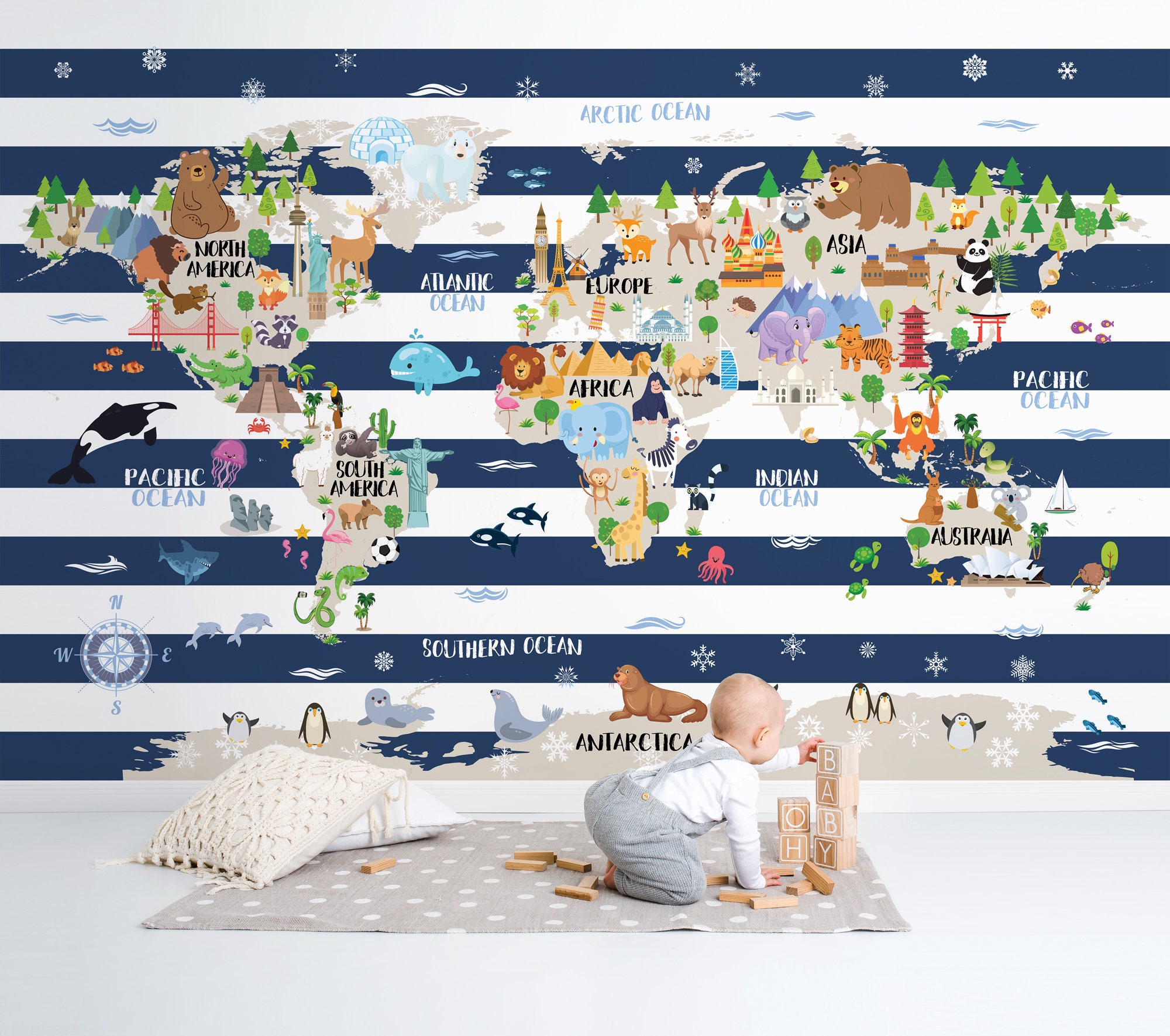 World Map Wall mural Nautical navy nursery blue stripes | Etsy