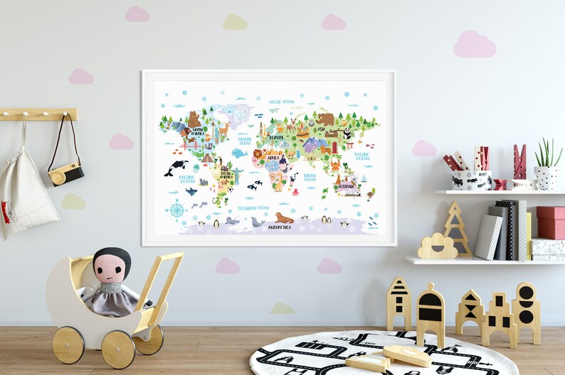 World map print Kids poster World map landmarks Animal nursery print Playroom wall art Kids room decor Children wall art Gift boys and girls image 7