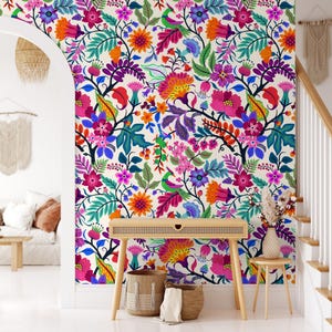 Colorful floral wallpaper Peel and stick Removable tropical wall mural Bright large flowers and leaves Botanical decor