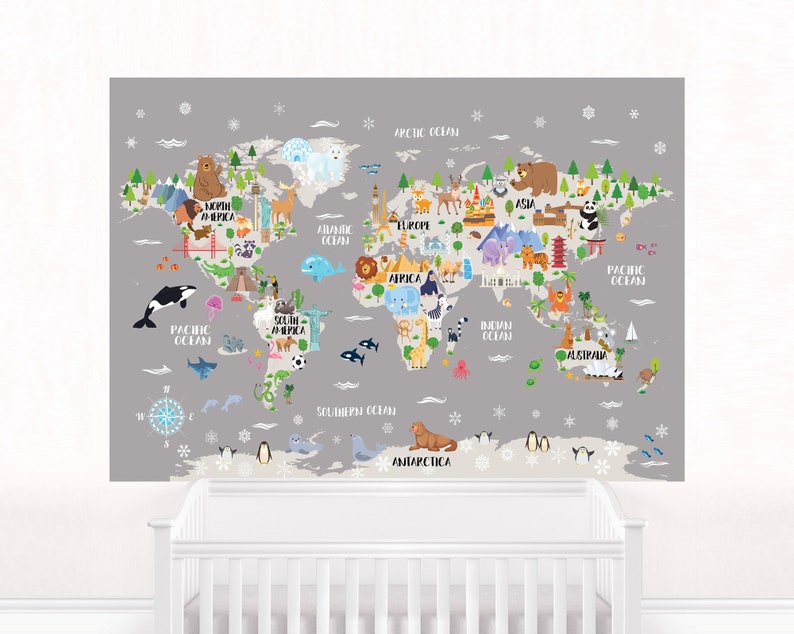 Kids world map wallpaper Animal nursery world map wall decal Removable Gray Peel stick Kids room decor Playroom wall art Baby room Safari image 2