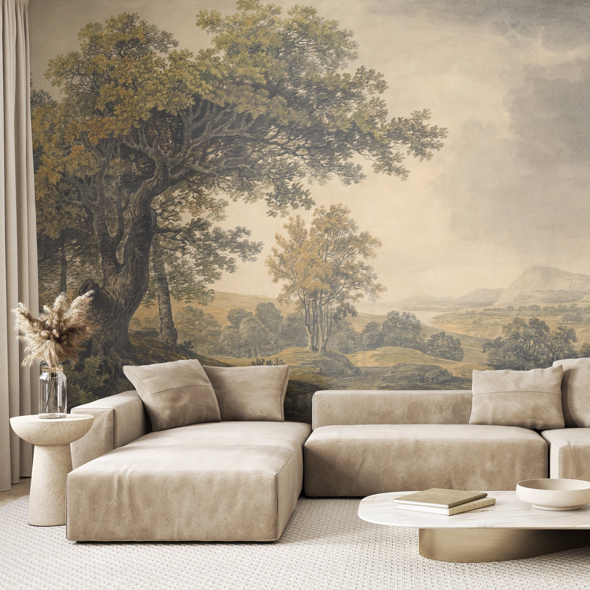 Papel tapiz de paisaje vintage / Papel tapiz mural de paisaje despegable y adhesivo Papel tapiz de decoración rural autoadhesivo extraíble