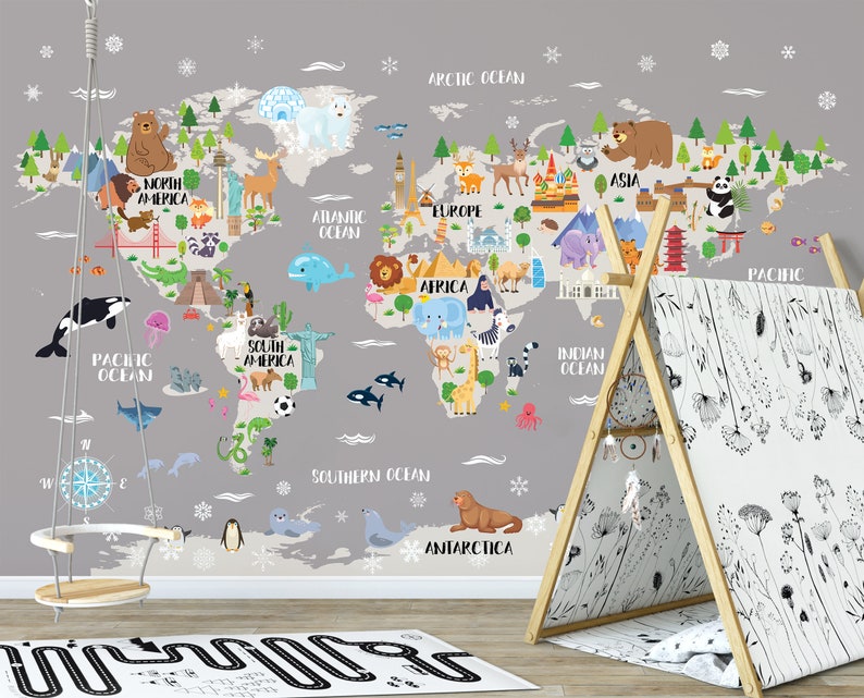 Kids world map wallpaper Animal nursery world map wall decal Removable Gray Peel stick Kids room decor Playroom wall art Baby room Safari image 4