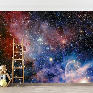 Kids Space wallpaper Galaxy wall mural Removable Peel-n-Stick night sky stars nursery wallpaper for boys or girls room