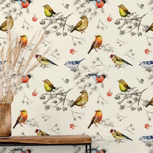 Birds wallpaper, Vintage style watercolor bird wallpaper Peel-n-Stick removable wall mural
