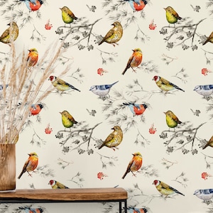 Vögel Wallpaper Vintage Aquarell Wanddekor Schälen und Aufkleben und Traditionelles Wandbild