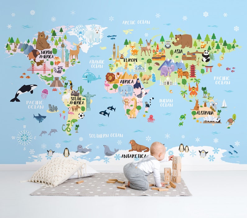 Animal world map wallpaper Kids room decor Playroom map wall art Kid world map mural Nursery world map decal Peel n stick Baby shower gift image 1