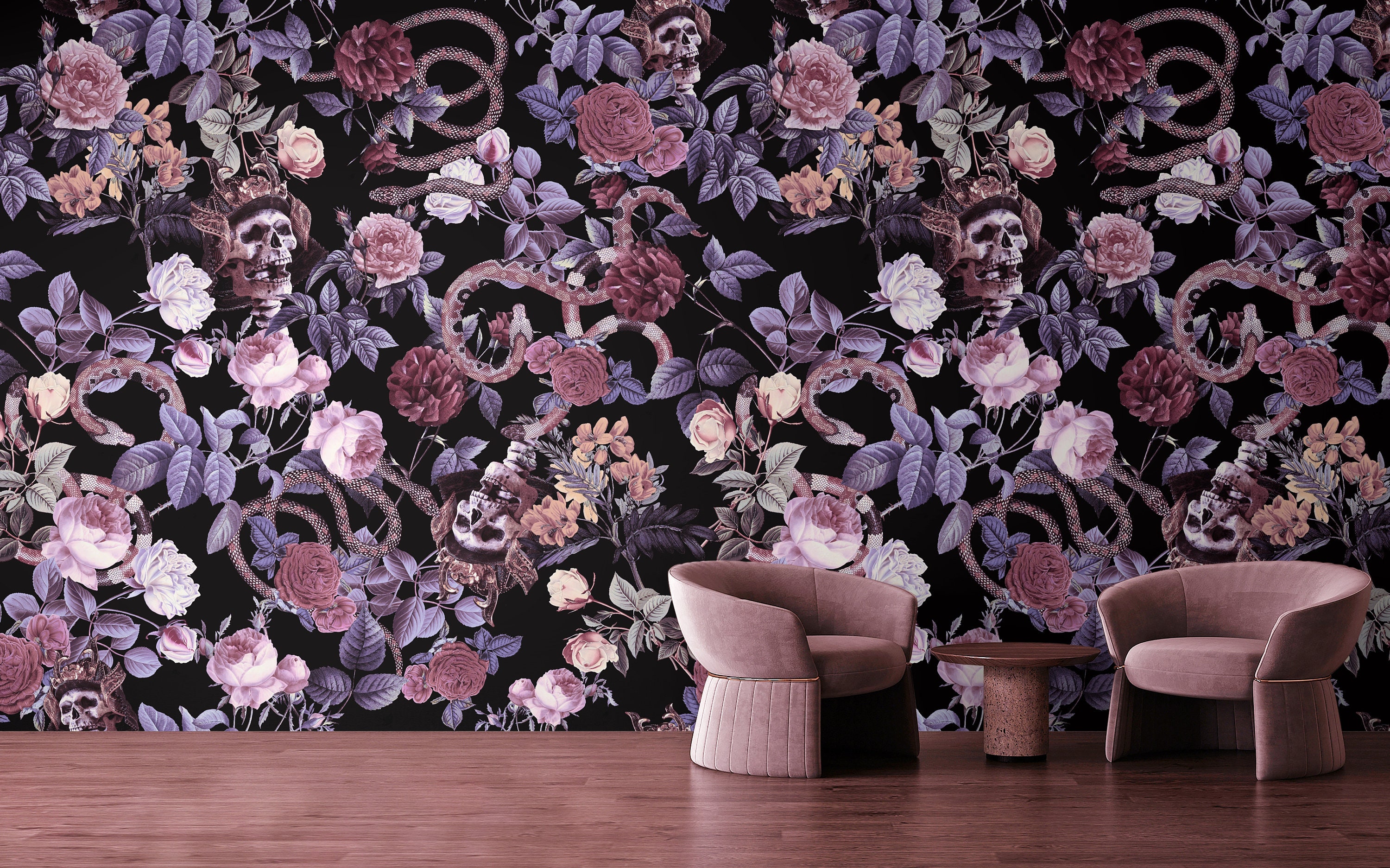 Dark Gothic Wallpaper Peel and Stick Skull and Snakes Floral