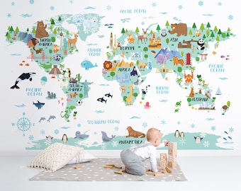 Mint world map for kids room wallpaper Animal nursery decor Adventure wall mural Boys room decal Toddler wall art children Safari bedroom