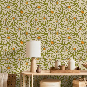 Carta da parati floreale anni '70, stile boho retrò, verde oliva