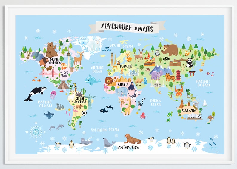 adventure awaits world map poster for kids room decor